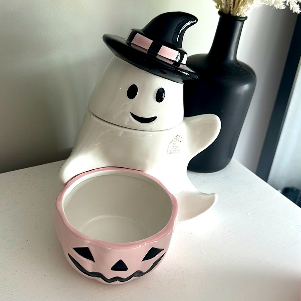 Cobwebs Cauldrons Ghost Pink Pumpkin cookie jar with bowl Halloween tiktok